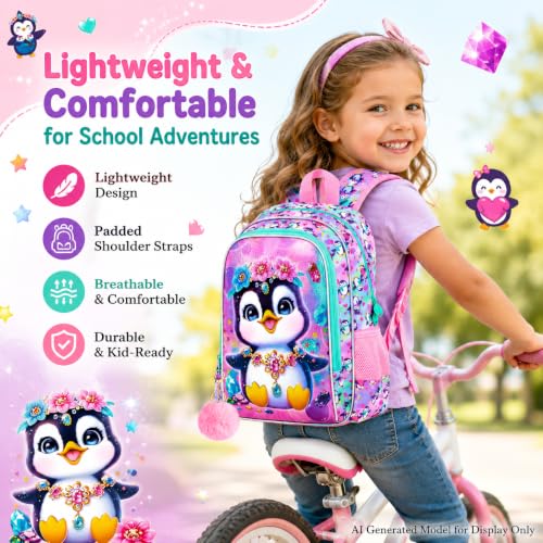 Image of 16 inch Girls Backpack, 16 inch Kids Bookbag with Lunch Box,Penguin School Backpacks for Elementary Preschool Kindergarten (Pink)