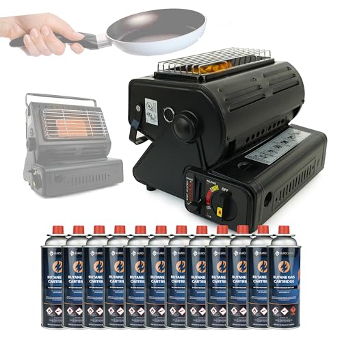 Eurocatch Calefactor & Estufa de gas - Incl. 12 bombonas de gas - Cocina a Gas - Calentador - Estufa de camping - Calentador de patio - Quemador - Placa vitrocerámica - Maletín de transporte