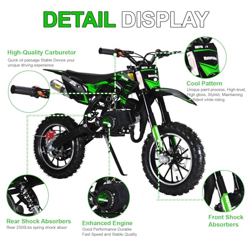 Image of Kids Dirt Bike, 50cc / Gas Powered Dirt Bike for Kids 8-14, 2-Stroke Mini Dirt Bike, Pull Start Motorcycle, 10-Inch Off Road Tires, Disc Brakes, 25 MPH, 330 lb Max Load