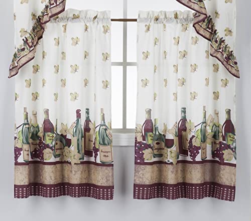 3Pc Kitchen Window Curtain Set Printed Design,Set Includes 2 Tiers And 1 Valance Available In Multiple Designs (Wine) #TOP2