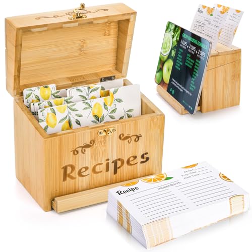 Youeon Bamboo Recipe Box with Cards and Dividers and Pull out Phone Holder, 7 x 4.2 x 5.8 in Kitchen Recipe Card Organizer with 100 Recipe Cards 4\"x6\", Rustic Recipe Holder, Kitchen Gift