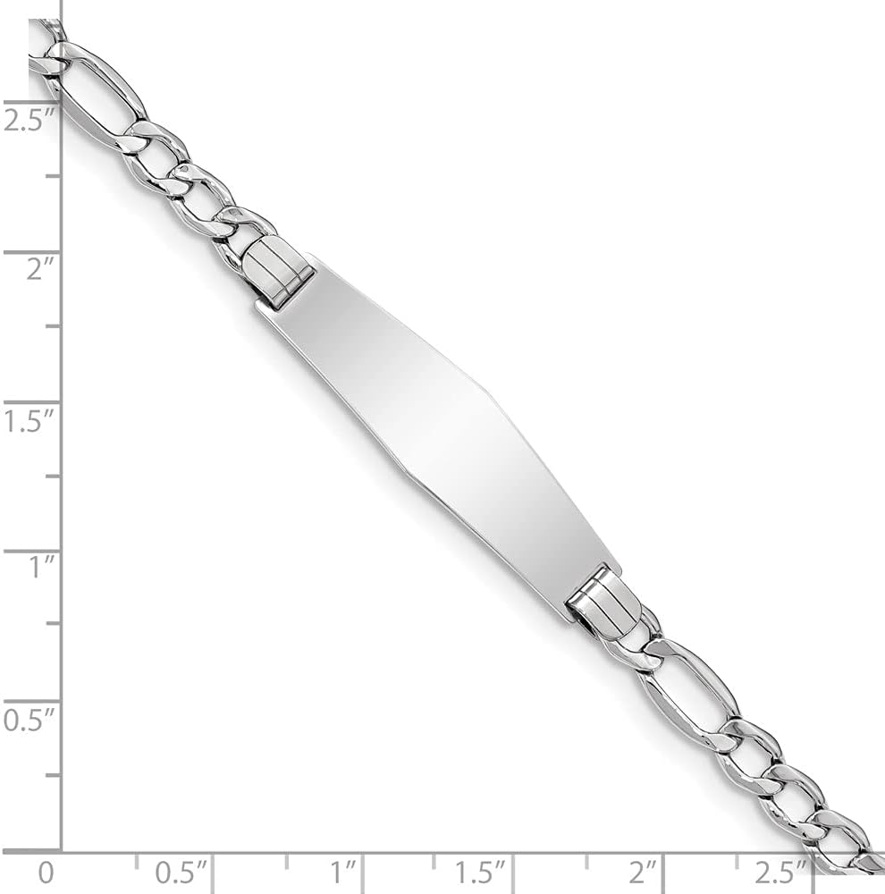 Engravable Personalized Custom 14K White Gold Polished Semi-Solid Soft Diamond Shape Figaro ID Bracelet For Men or Women Length 7 inches Width 10 mm