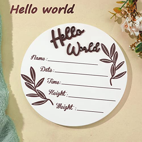 Image of Wooden Baby Announcement Sign, Round New Baby Sign Wooden Newborn Welcome Sign Hello World Newborn Sign