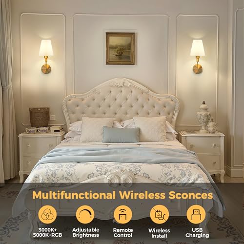 Image of DORESshop Battery Operated Wall Sconce Set of 2, Wall Light Wireless Easy to Install, Dimmable and Adjustable Sconces Wall Decor, Rechargeable Wall Lamp for Bedroom, Living Room, Gold 14.8in