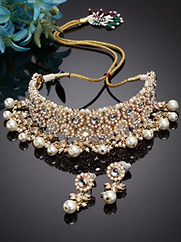 Image of Karatcart Gold Plated Pearl and Drop Kundan Studded Choker Necklace Setfor Women