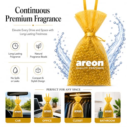 Image of AREON Pearls Lux Gold Car & Home Air Freshener - Premium Quality Perfume Fragrance Beads - Long Lasting Odour Eliminator for Car, Home, Office & Small Spaces - Gold Scent - Pack of 3