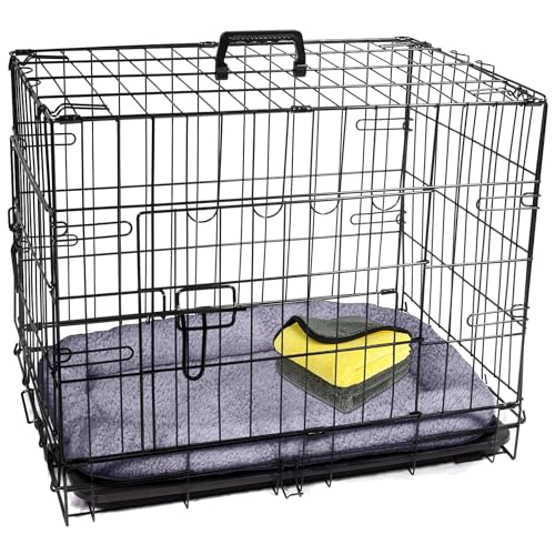 Pretty Pooch Dog Crate Cage Puppy Cat Pet Training Carrier Metal Folding with Tray Double Door and Bed With Two Cloths (Small 24 Inch)