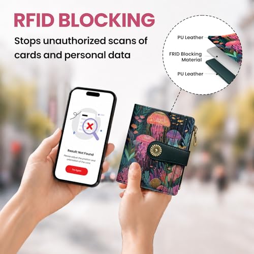Image of Small Wallet for Women, RFID Blocking Bifold Card Holder Wallet with 10 Card Slots, Cash Compartment, Zipper Coin Pocket & ID Window, Cute Soft Vegan Leather Compact Wallet, Jellyfish