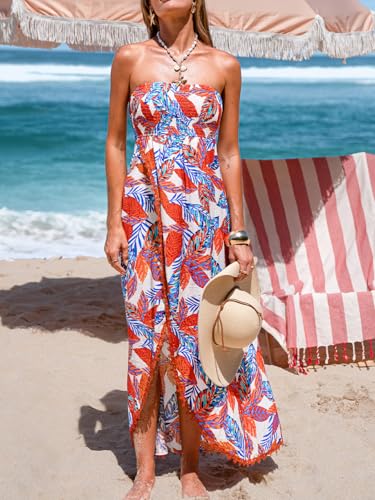Image of CUPSHE Women's Maxi Dresses Sleeveless Lace Casual Smocked Strapless Slit Long Summer Formal Sun Dress