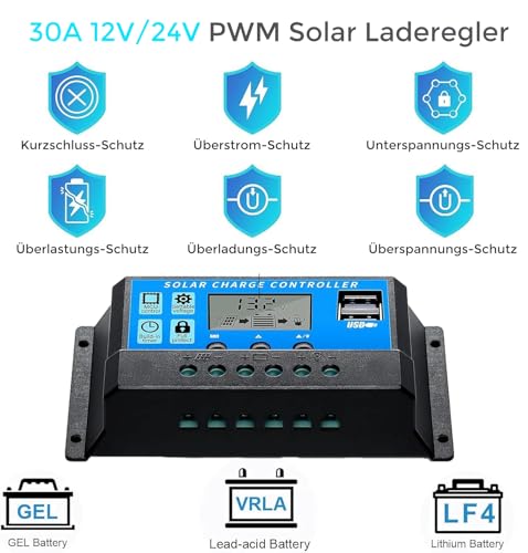 WUZECK 300W Solarpanel Kit Set 12V Monokristallines 2x150Watt Solarmodul+30A 12V/24V Solarladeregler + Solarkabel Solaranlage Wohnmobil Komplettset 12v für Batterien Häuser Balkon Wohnwagen Dach