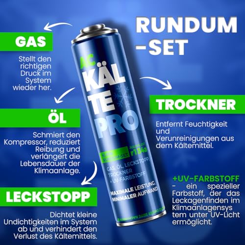 KÄLTEPRO Kältemittelersatz R134a Nachfüllset - Rundum-Set zum Klimaanlage selbst befüllen Entspricht 755g R134a - Dichtmittel, Öl & UV-Farbstoff - Für PKW 1995–2016 1x Dose + Schlauch