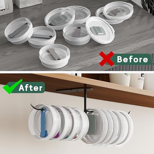 NiHome Rotating Tumbler Lid Organizer with Space-Saving Hooks for Yeti, Stanley, Simple Modern, Self-Adhesive or Drill Installation Kitchen Storage, Durable Metal with Rust-Resistant Coating (Black)