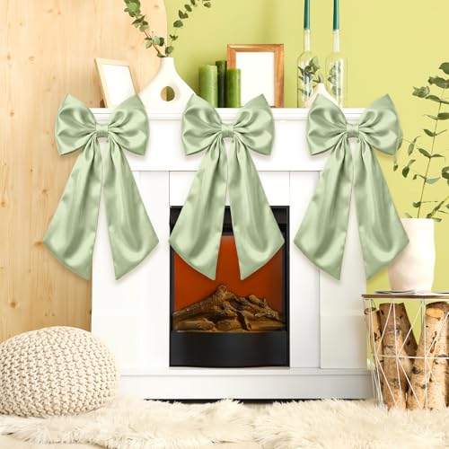 Suncalla 3 Pcs Large Bow Decor - 24 x 12 in Big Satin Sage Green Bows Hanging Wall Decors for Crib Skirt Nursery Bedding Wedding Room Birthday Bridal Shower Christmas Fireplace Party Supplies by Suncalla - Used condition - US$18.00
