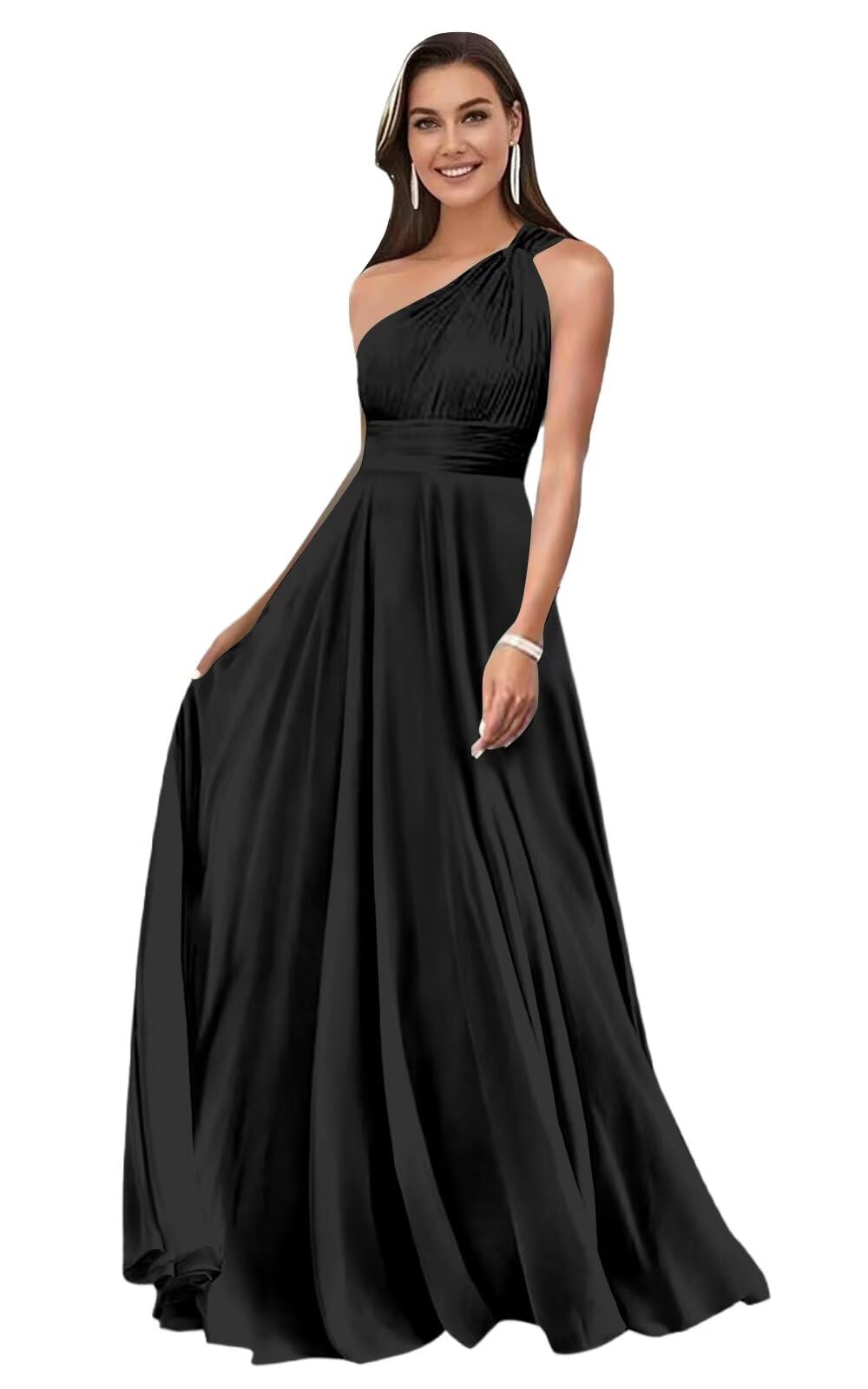 zoteno One Shoulder Bridesmaid Dresses for Wedding Chiffon A Line Pleated Long Formal Prom Dress with Pockets