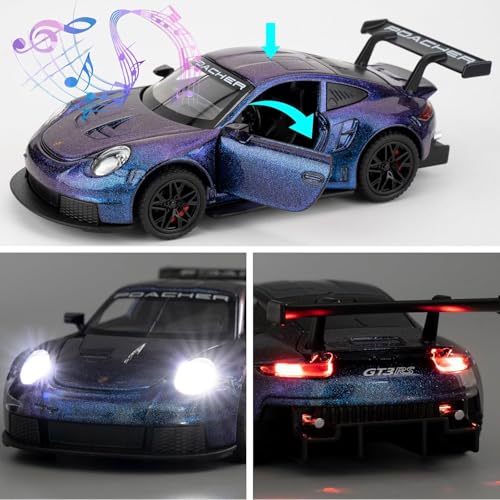 Image of 1:32 Porsche 911 GT3 RS Diecast Model Pull Back Toy Car with Sound & Light Openable Doors Miniature Racing Car for Kids & Collectors Gift for Boys & Adults (Purple)