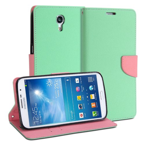 GMYLE Galaxy Mega 6.3 Case, (R) Wallet Case Classic for Samsung Galaxy Mega 6.3 I9200 - Mint & Pink Cross Pattern PU Leather Slim Magnetic Flip Stand Cover