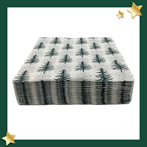 Green Tree Christmas Napkins - Pack of 50 Festive, Double Layer, Compostable, Square Tissue Serviettes for Xmas Dinners, Christmas Parties & Events