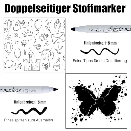 Caelura 4 Stück Textilstifte Waschmaschinenfest, Textilmarker Waschmaschinenfest Schwarz und Weiß, Stoffmalfarben Waschfest, 1-5mm Dual Tip Stoffmalstifte für T-Shirt Stoffbeutel Schuhe