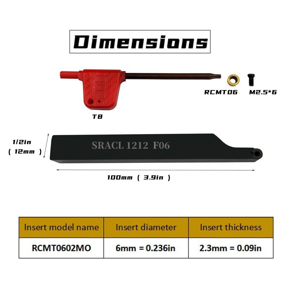 3/8" 1/2" SRACR1010/1212 H06 - Supporto girevole per tornio con inserti rotondi in metallo duro RCMT0602 (2 supporti da 1/2 + 10 inserti)