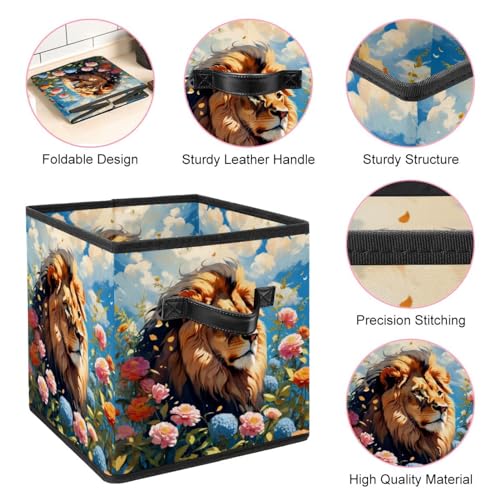Boîte de rangement pliable durable à poignées cuir et motif lion mignon