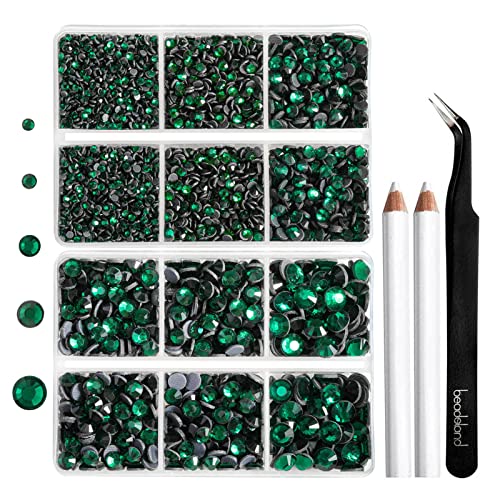 Image of 6736pcs Hotfix Rhinestones Flatback,Green Rhinestones for Crafts Clothes Mixed 5 Sizes, Hotfix Crystals with Tweezers and Wax Pencil Kit, SS6-SS30,Emerald