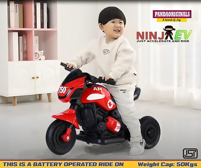 Image of Ninja Ev Kids Battery Operated Bike Rechargeable Ride on for Boys and Girls with Music and Lights, Forward and Backward Gear, Built in MP3 Player Baby Bike with USB Port (RED)