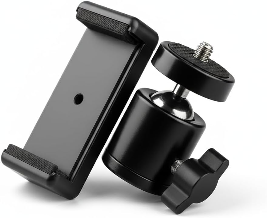 Coku 2 in 1 Mobile Tripod Holder Clip with Locking Ball Head Adapter Set for Tripod and Selfie Stick Universal Thread mounting Screw 1/4' 360 Degree Swivel Cell Phone Tripod Mount Set