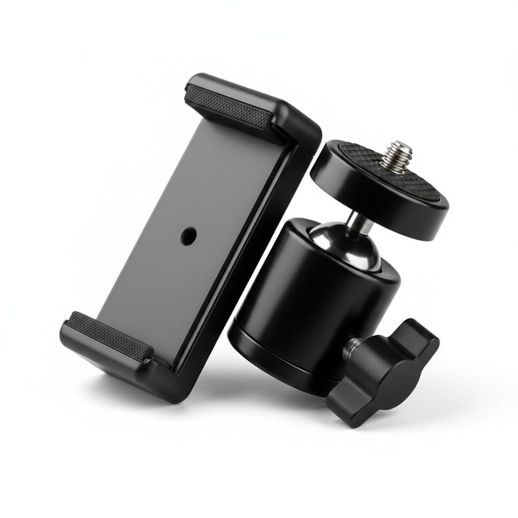 Coku 2 in 1 Mobile Tripod Holder Clip with Locking Ball Head Adapter Set for Tripod and Selfie Stick Universal Thread mounting Screw 1/4' 360 Degree Swivel Cell Phone Mount Set