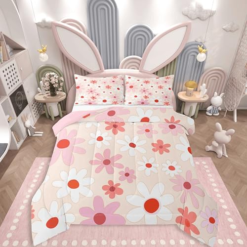 jejeloiu Cute Flower Kids Comforter Set Twin Size White Pink