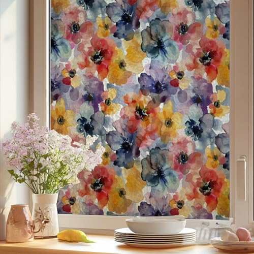 Alwayspon 39.37×16.93inch Non-Adhesive UV Rainbow Window Privacy Film, Ink Flowers Stained Glass Window Film, Decorative Static Cling Glass Sticker for Home, Room, Bathroom, Glass Door