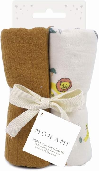 MON AMI ‘Animaux de Safari’ Muslin Burp Cloths for Baby – 20x10”, 2Pc Pack, Extra Absorbent, Ultra-Soft 100% Cotton Burping Cloths for Babies, Gender Neutral