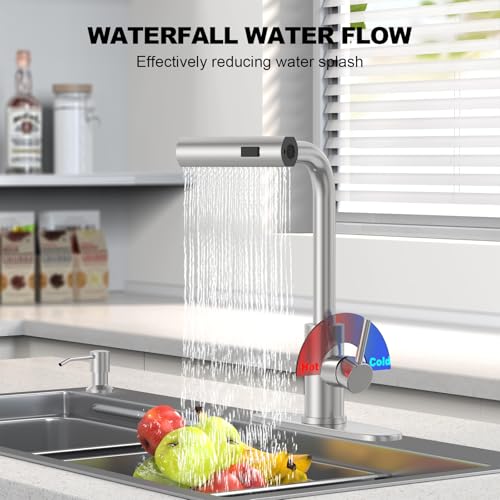 AVSIILE Brushed Nickel Kitchen Faucets with Pull Down Sprayer & Soap Dispenser, Single Hole & Handle, Pull Out Tap, Waterfall Stainless Steel Sink Faucet for Farmhouse Camper Laundry Rv Bar by AVSIILE - Image 3