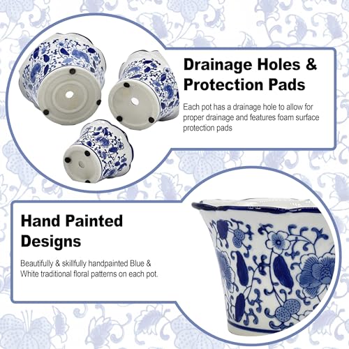 Galt International Blue & White Floral Porcelain Ceramic Decorative Flower Pot 8"/6"/4.5" Garden Pots Chinese Asian Design - Set of 3 Cylinder Fluted Edge by Galt International - Used condition - Image 2