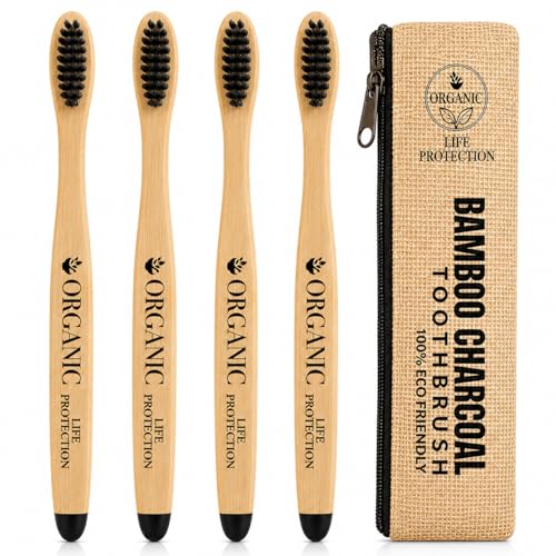 Image of Bamboo Toothbrush - 100% Biodegradable & Eco-Friendly | Charcoal Soft Bristles for Sensitive Gums | Zero Waste, BPA-Free, Vegan - Pack of [4]
