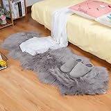 Faux Lammfell Schaffell Teppich 60x120 cm, Lammfellimitat Teppich Flauschiger Weicher Fell Teppiche Longhair Fell Lammfellimitat Carpet für Stühle Sofa Schlafzimmer Kinderzimmer (Grau, Unregelmäßig)
