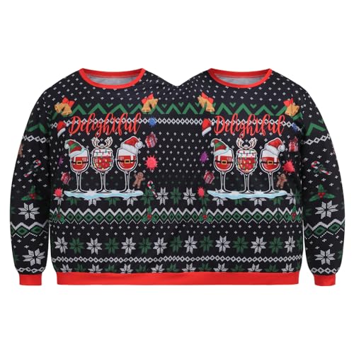 LMYOVE Two Person Ugly Christmas Sweatershirt for Women Men, 3D Printed Sweater for Couples, Xmas Pullover Wine Glass