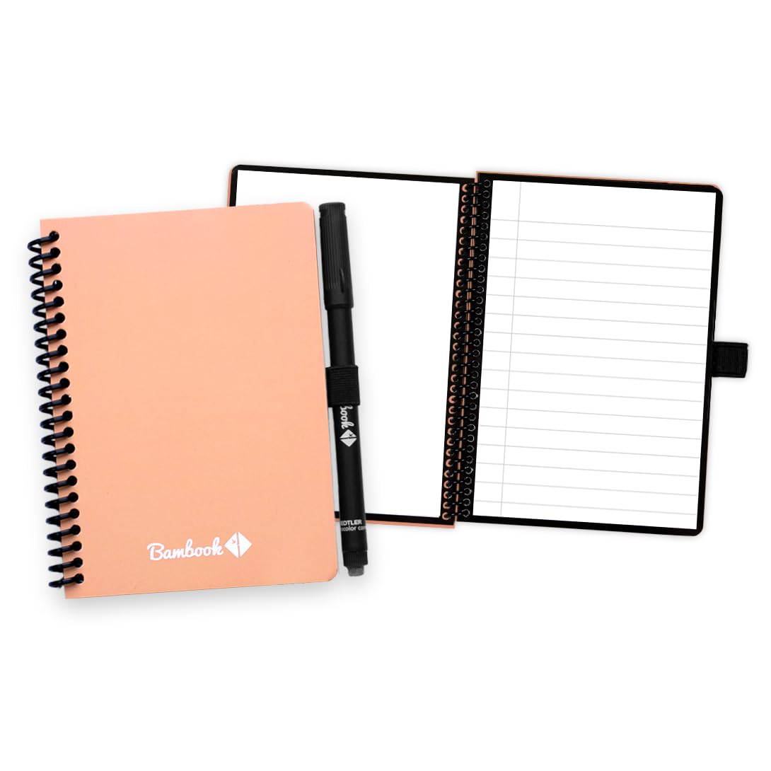 BAMBOOK Colourful Reusable Notebook - Pink - A6 - Blank & Lined - Reusable Notebook, Rewritable Notebook, Dry Erase Board Notebook, Whiteboard Notebook, Erasable Notebook - Includes Free Pen App