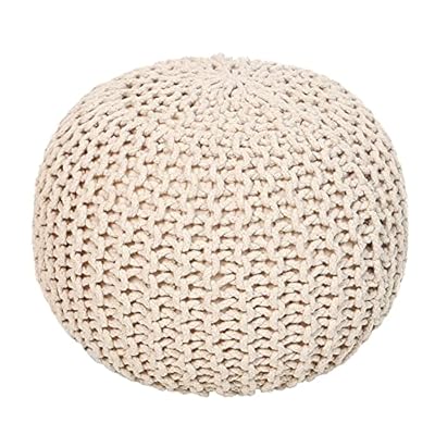 REDEARTH Round Pouf Ottoman - Cable Knitted Boho Poof - Home Décor Cord Pouffe Handmade Circular Footrest for Living Room - Bedroom - Kids Bedroom - 100% Cotton Pouf (18" x 18" x 14") - Ivory
