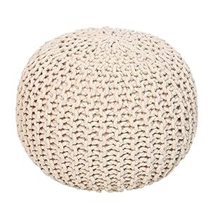 REDEARTH Round Pouf Ottoman – Cable Knitted Boho Poof – Home Décor Cord Pouffe Handmade Circular Footrest for Living Room – Bedroom – Kids Bedroom – 100% Cotton Pouf (18″ x 18″ x 14″) – Ivory
