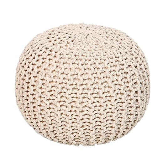 REDEARTH Round Pouf Ottoman-Cable Knitted Boho Poof, Home Décor Cord Pouffe Accent Chair Handmade Circular Seat Footrest for Living Room, Bedroom,Nursery,kidsroom,Gym;100% Cotton (19x19x14; Ivory)