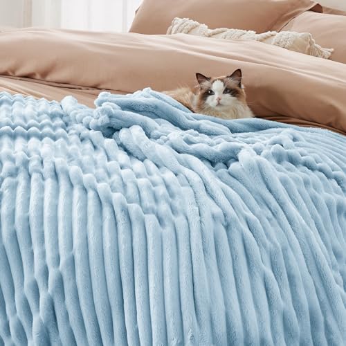 BEDSURE Kuscheldecke für Zimmer Deko - Wolldecke & Fleecedecke, Sofadecke, Weiche Warme Grobe Korddecke für Couch, Geschenke für Frauen, Tagesdecke, Hellblau, 150 x 200 cm