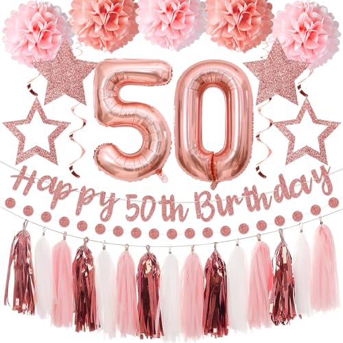 Kuxriox 13Pcs 50th Birthday Decorations for Girls Pink Rose Gold Happy 50th Birthday Banner and Balloons Glittery 50 Year Old Bday Tissue Pompoms Circle Dots Garland Tassel Garland Party Supplies