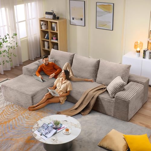 Image of 107.5 inch W Modular Sectional Sofa, Upholstered Corduroy Cloud Couch with Deep Seat, Modern 3-Seater L-Shaped Sofa for Living Room, No Assembly Required (Camel, Left-Facing Chaise)