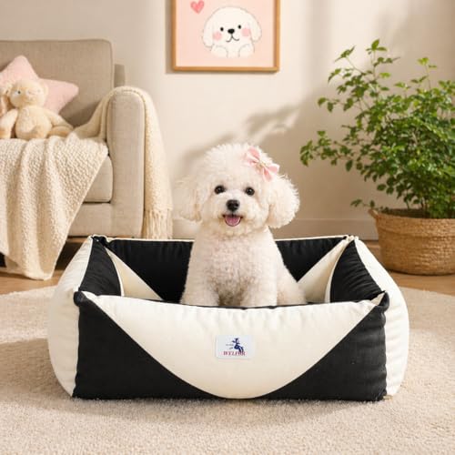 Image of Cotton Canvas Dog Bed, Cute Dog Beds for Small Dogs, Puppy Bed with Washable Removable Cover, Durable 290 GSM Cotton Anti-Chewing Pet Bed with Anti-Slip Bottom (24 inchx20 inchx8 inch, Black&White)