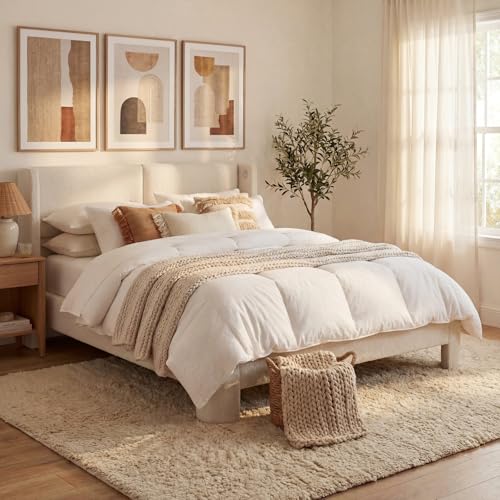 Image of LIKIMIO Full Bed Frame with USB Ports & Wingback Headboard, Cream White | Boucle Upholstered Platform Bed, Sturdy Slat Frame, No Box Spring Needed, Fits Living Room and Apartment.