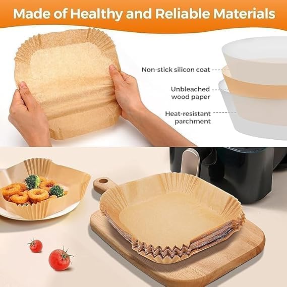 Square Air Fryer Paper Liners 6.3 Inch 100PCS Non Stick Disposable Parchment Paper for Air Fryer Baking Roasting Microwave Cooking