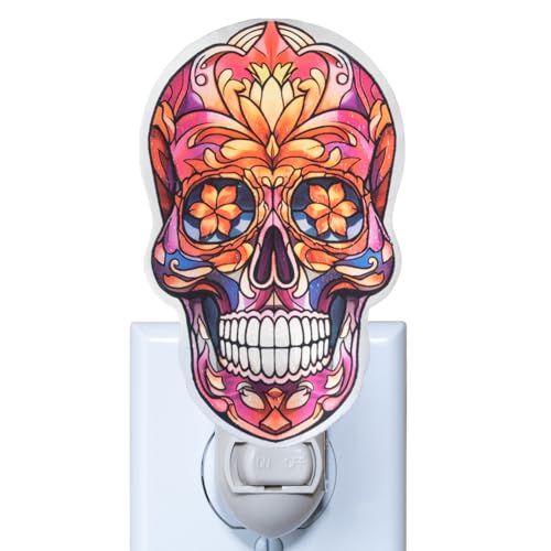 VOUWOWOX Day of The Dead Night Light Plug in – Sugar Skull Halloween Decor with Orange Marigolds, Stained Glass Styled Festival Light, Memorial Gift for Dia de Los Muertos (Pink & Red)