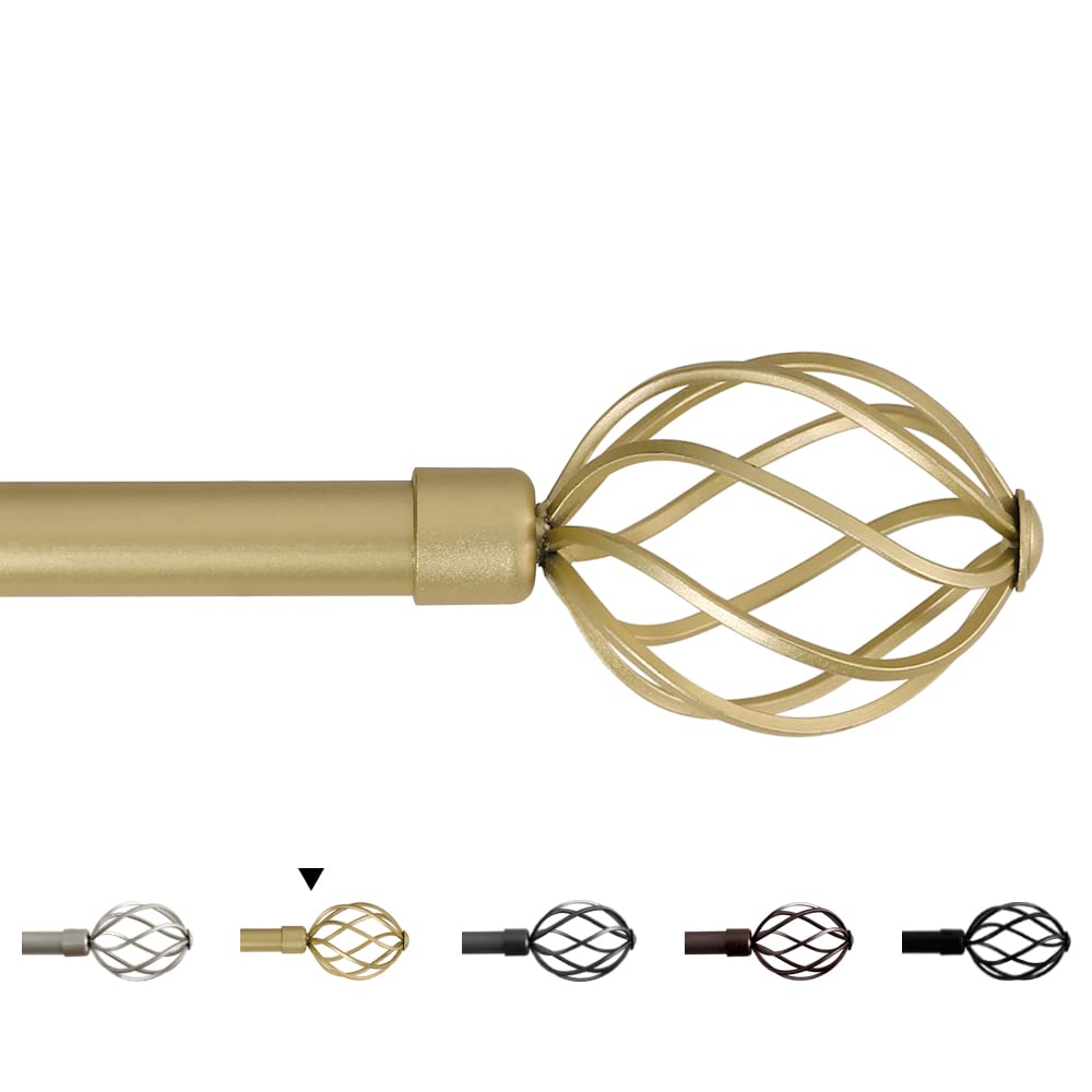 H.VERSAILTEX Window Curtain Rods for Windows 66 to 120 Inches Adjustable Decorative 3/4 Inch Diameter Single Window Curtain Rod Set with Twisted Cage Finials, Gold
