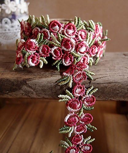 PoshNPretty 3/4" Vintage Red Rose Floral Embroidered Crochet Lace Trim Ribbon - 5 Yards