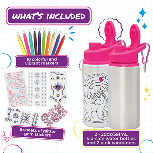 PURPLE LADYBUG Decorate Your Own Water Bottle for Girls : 1 with Gem Art Stickers & 1 with Color in Designs - Gifts for 6 Year Old Girl , Kids Gifts Girls Ages 8-12 - Crafts for Girls Ages 8-12